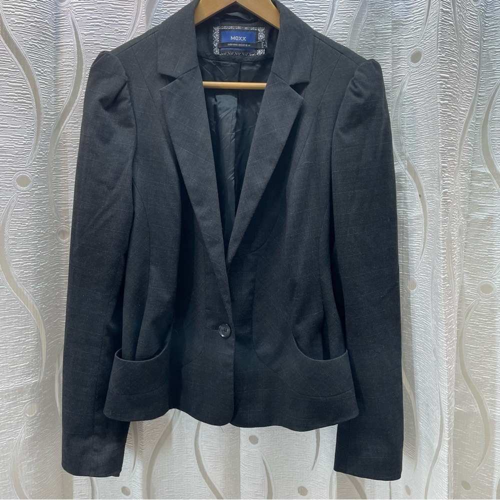 Mexx Blazer Womens 42 Gray Plaid Puff Shoulder Single Button Professional Jacket